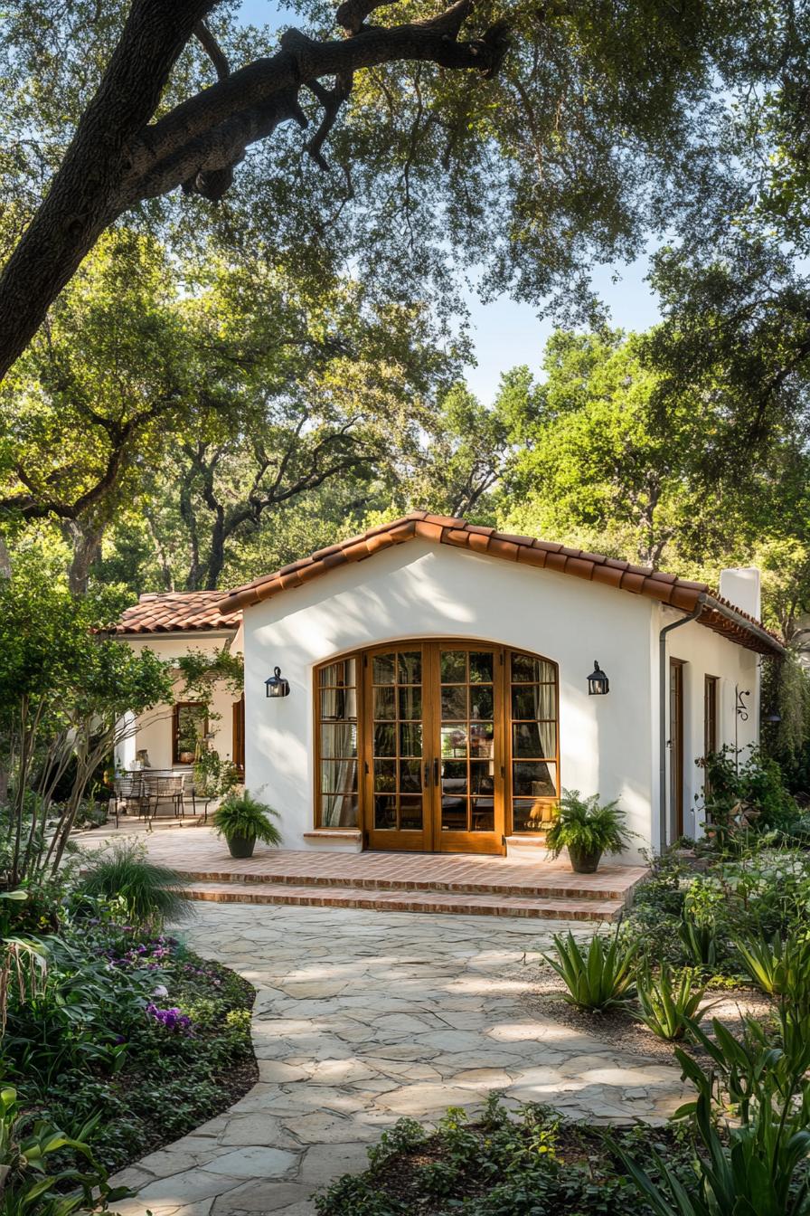 White stucco cottage with terracotta roof and lush greenery