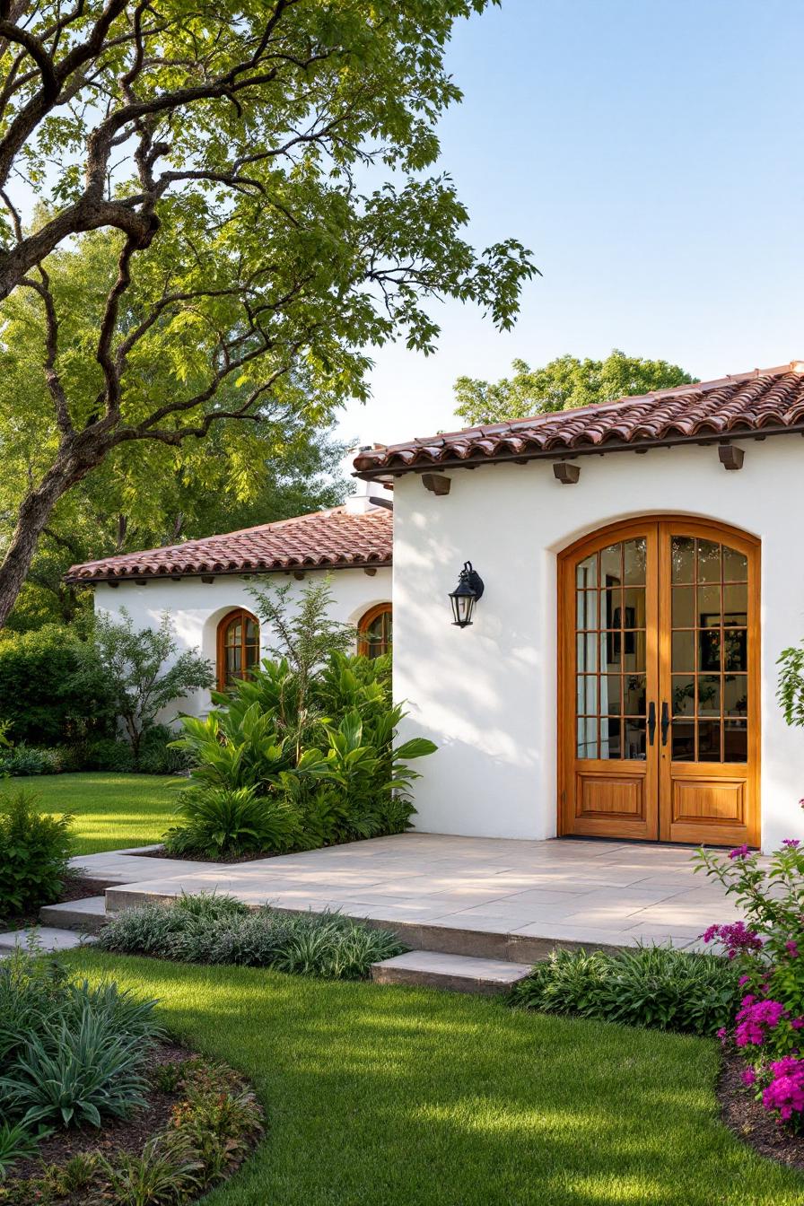 Charming white cottage with wooden doors in a lush garden setting