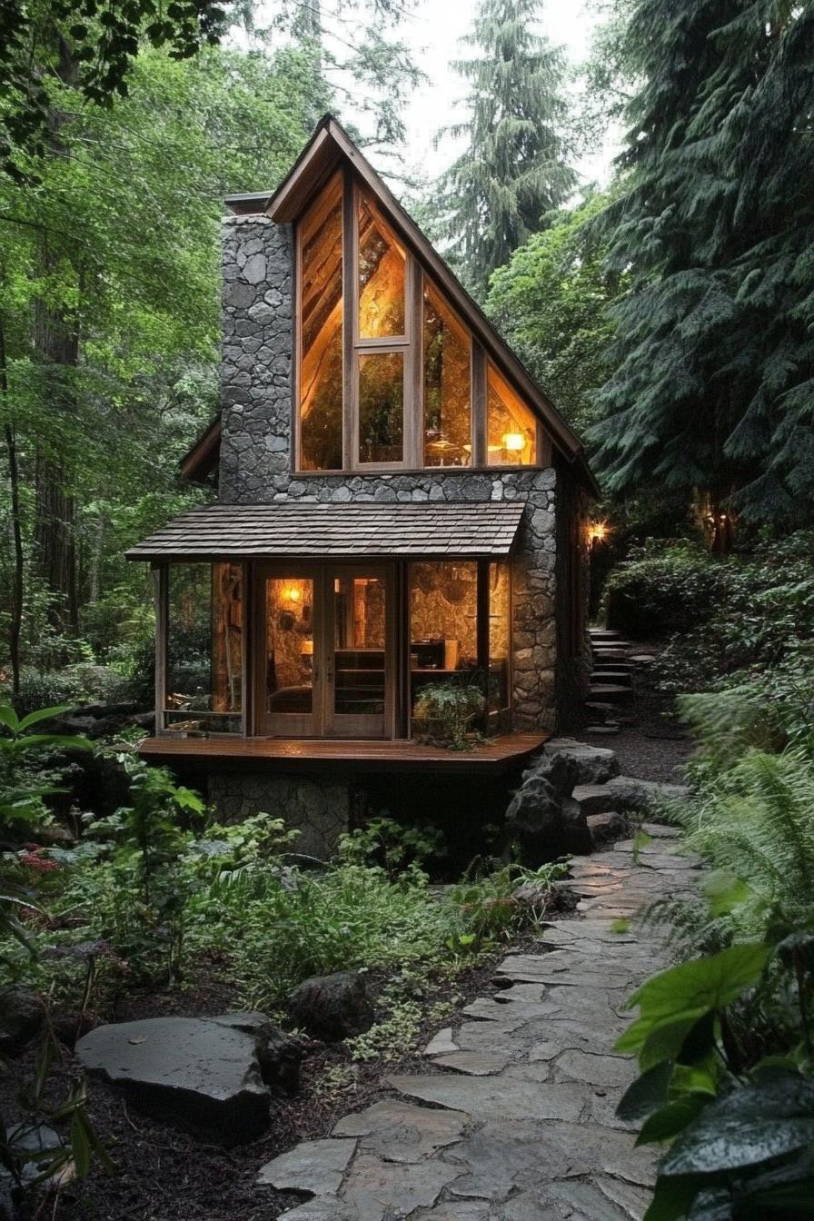 A-frame cottage with stone walls in a lush forest