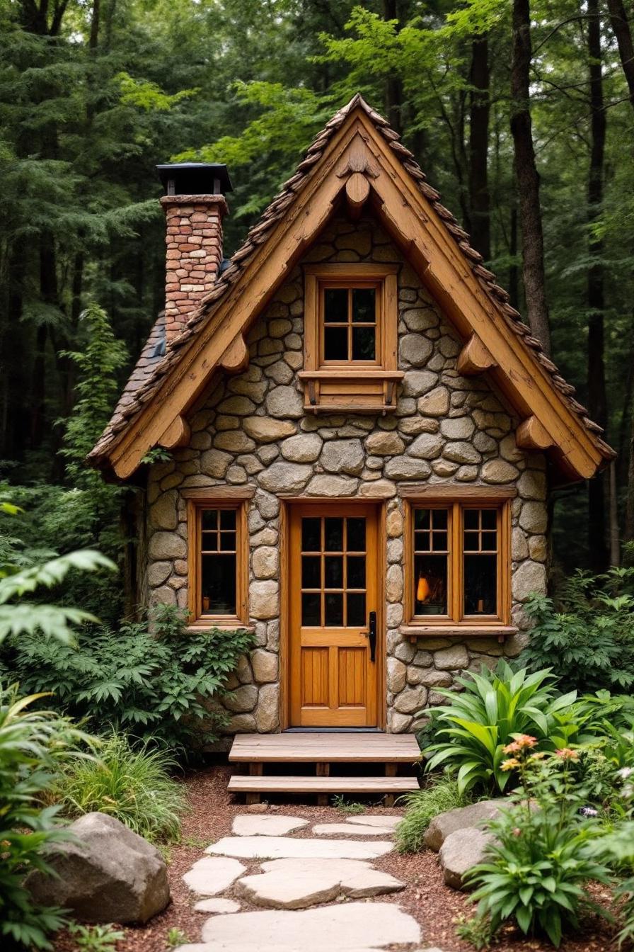 Cozy stone cottage surrounded by lush forest