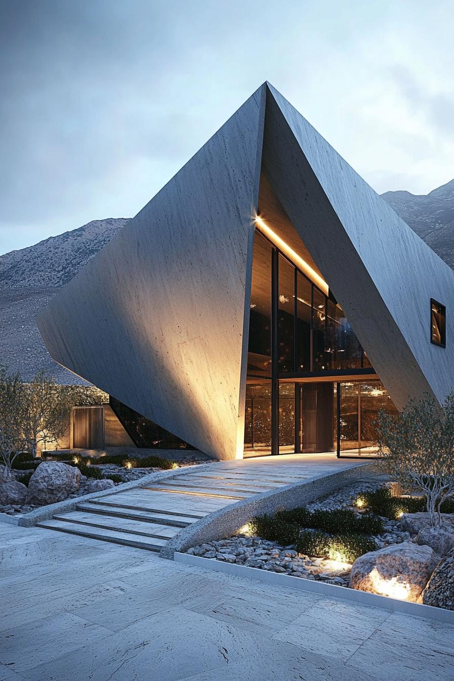 Striking geometric house in a rugged landscape