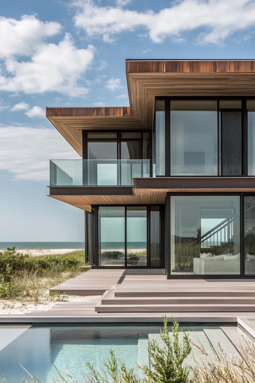 Modern beachfront home with large glass windows, wooden details, and a nearby pool