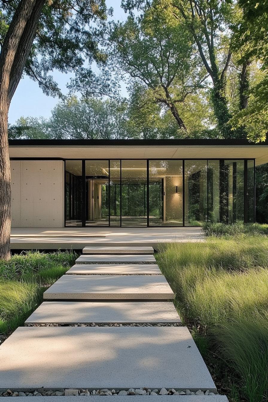 Modern house with large glass windows nestled among trees