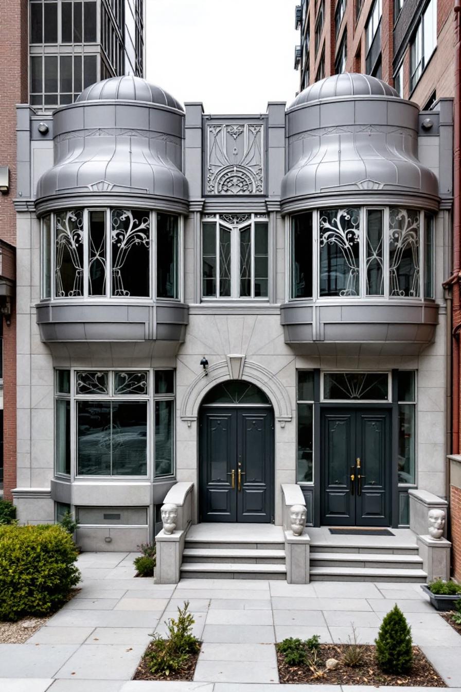 Elegant Art Deco home with silver domes and intricate windows