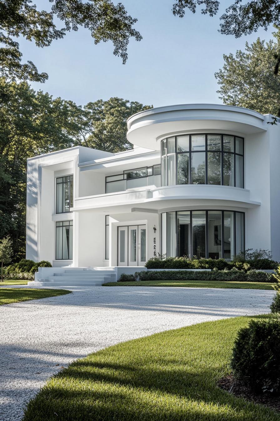 Sleek white Art Deco house with rounded corners and large windows