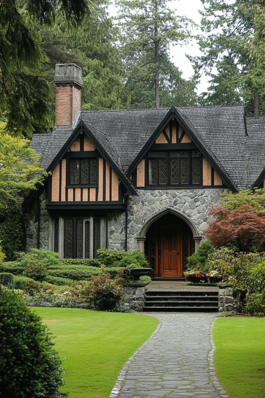 Quaint Tudor cottage with stone facade and lush greenery