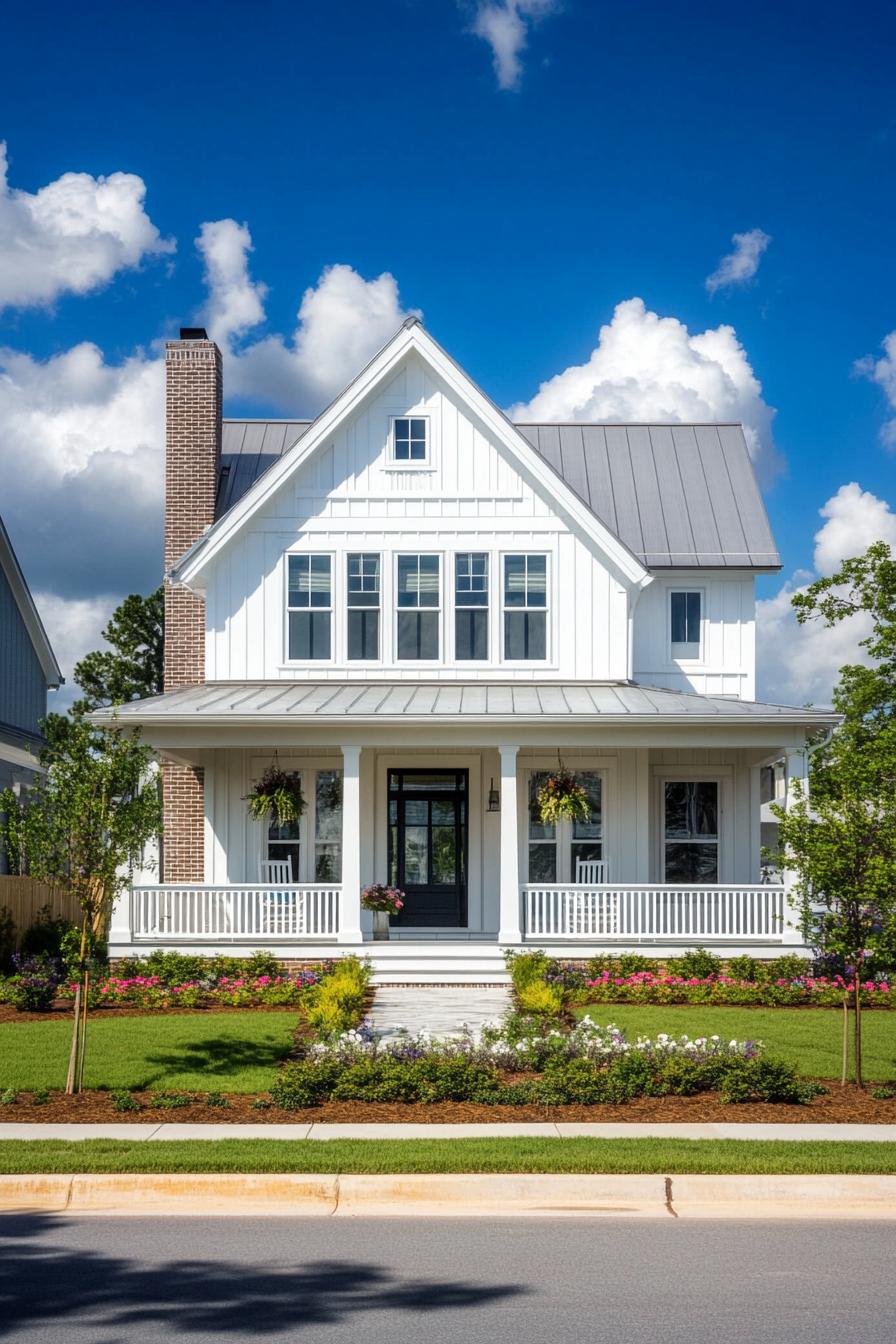 Charming white house with porch and chimney