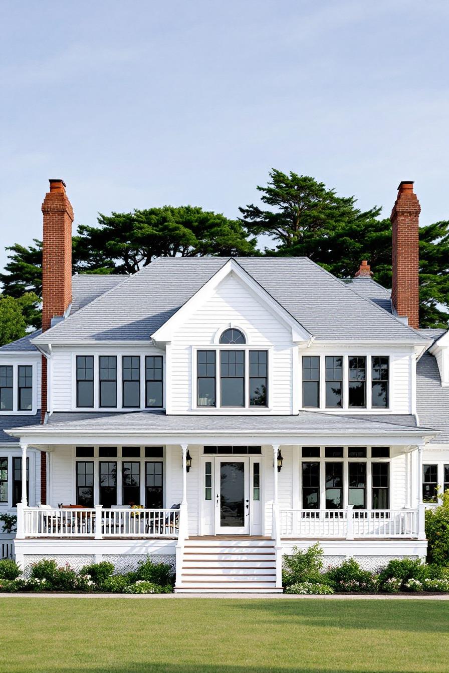 Traditional coastal house with a porch and twin chimneys