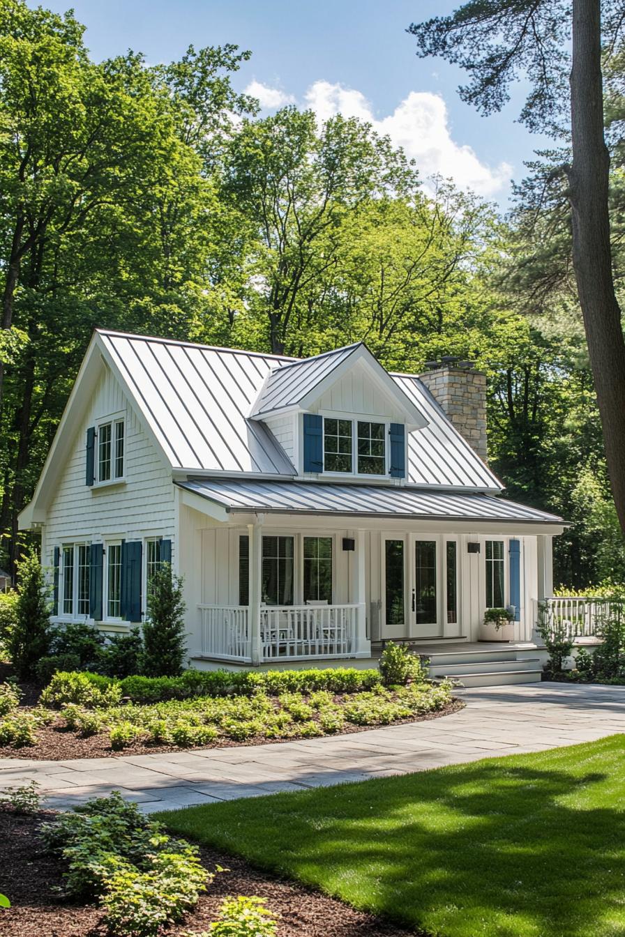 Contemporary country cottage house rectangular single story facade white wood siding metal roofing with slight pitch large windows with blue 1