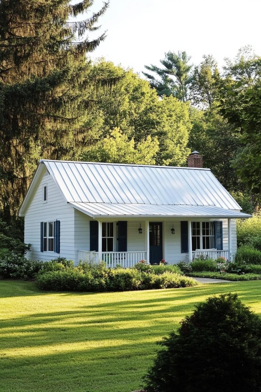 Charming white cottage nestled in a lush green garden