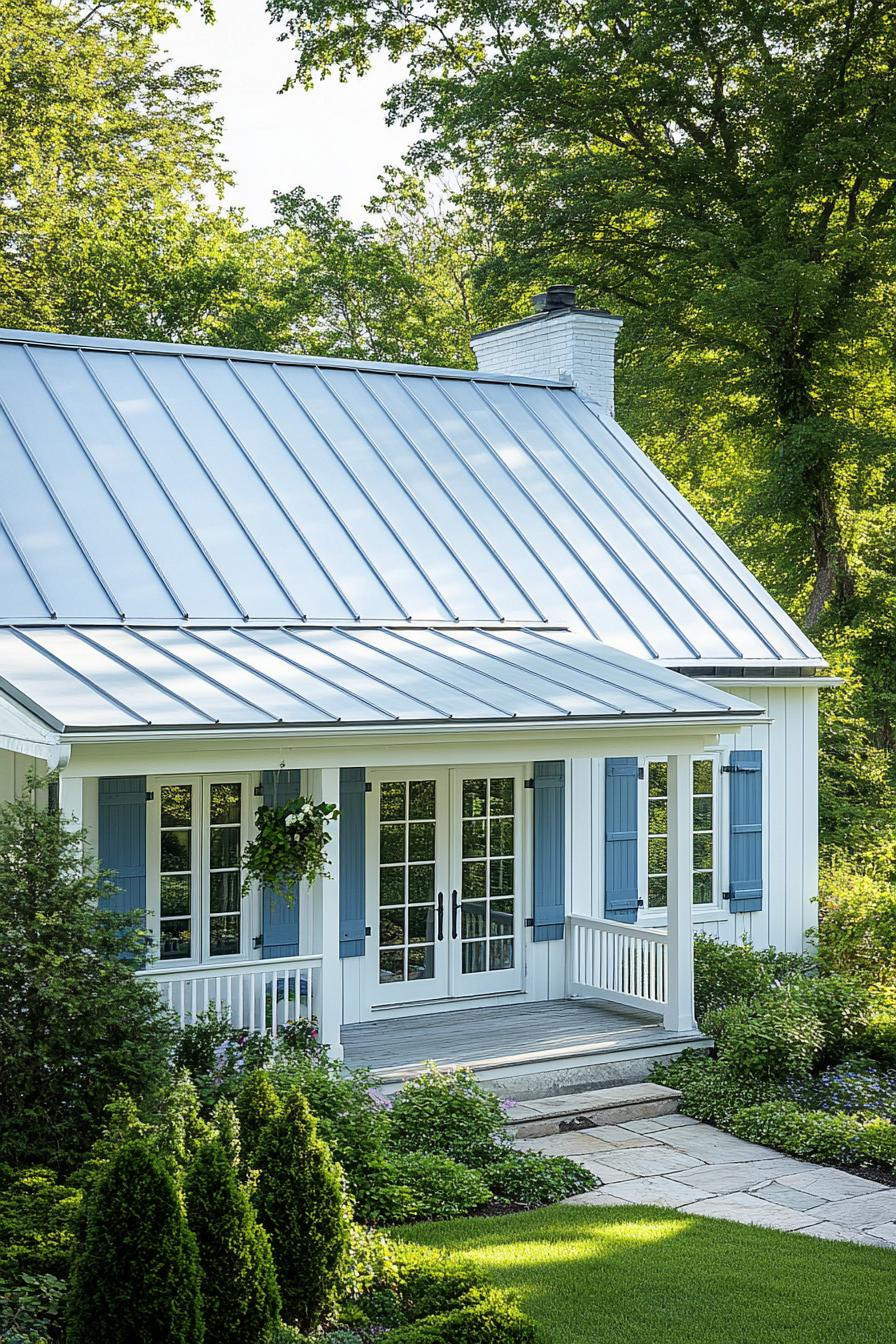 White cottage with blue shutters and a lush garden