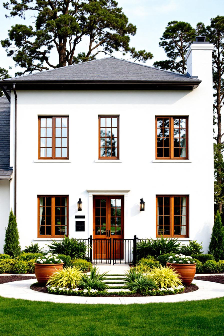 White cottage with wooden windows and lush landscaping