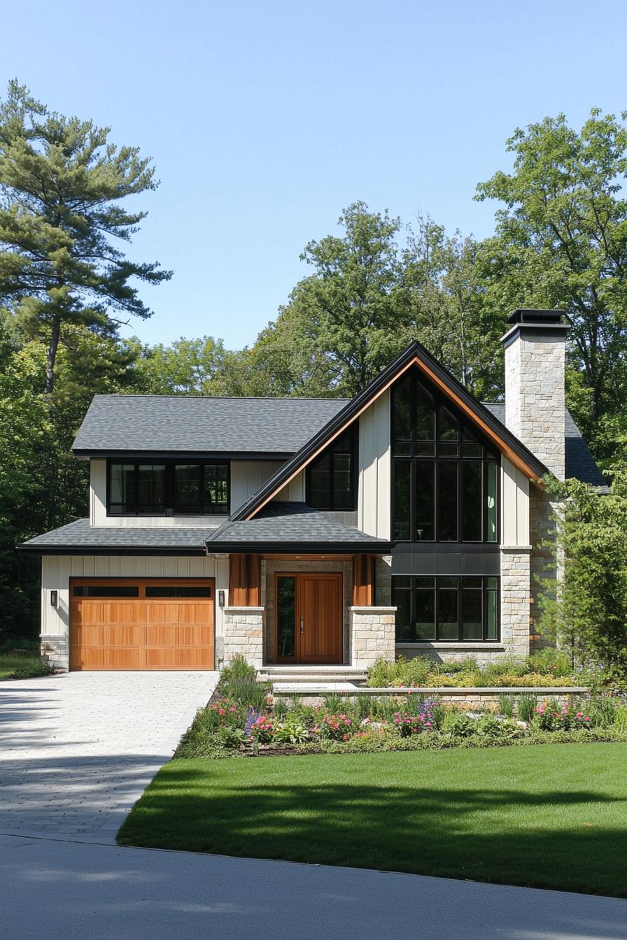 Modern house with stone chimney and wooden accents