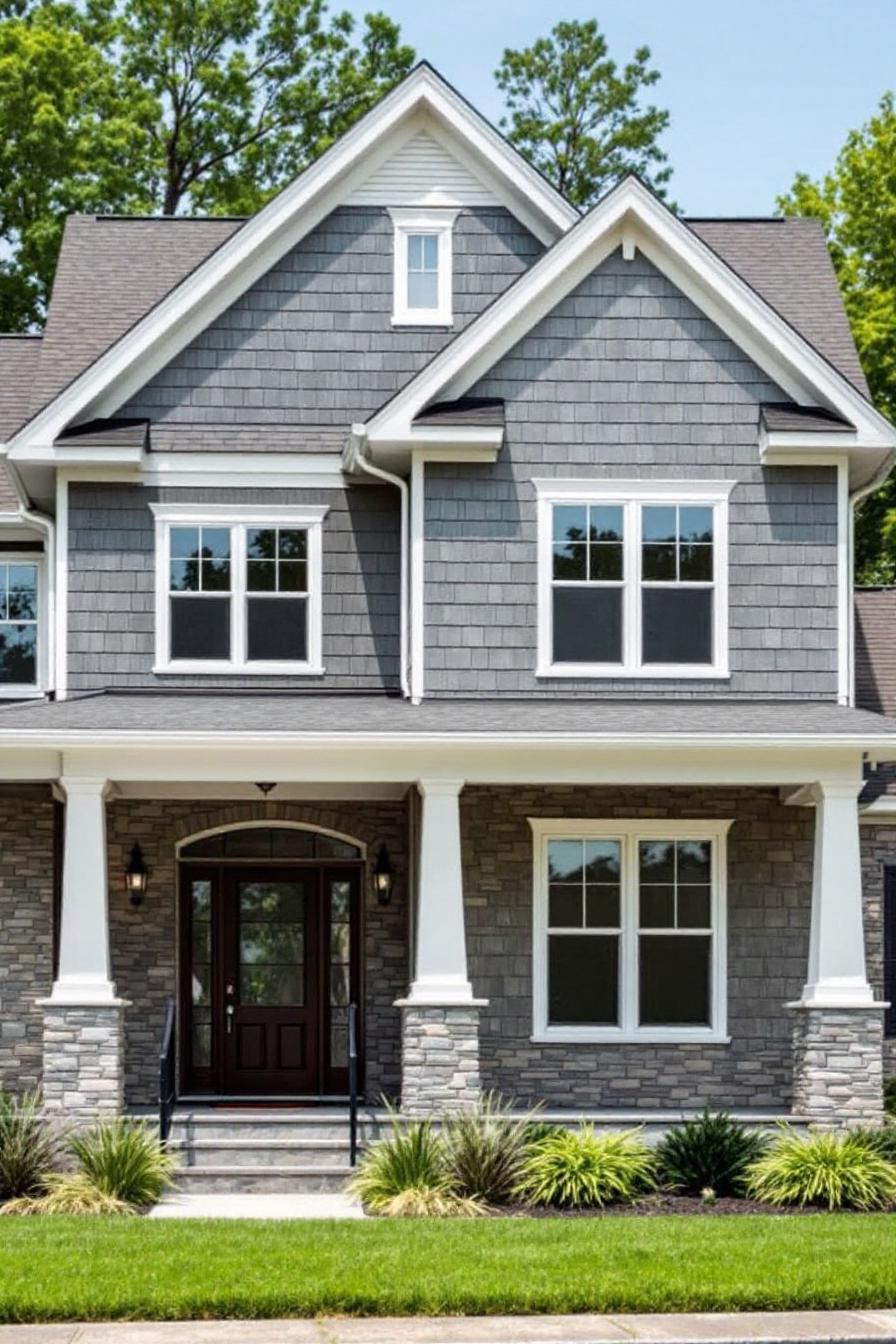 Front view of a two-story house with gray siding and stone accents