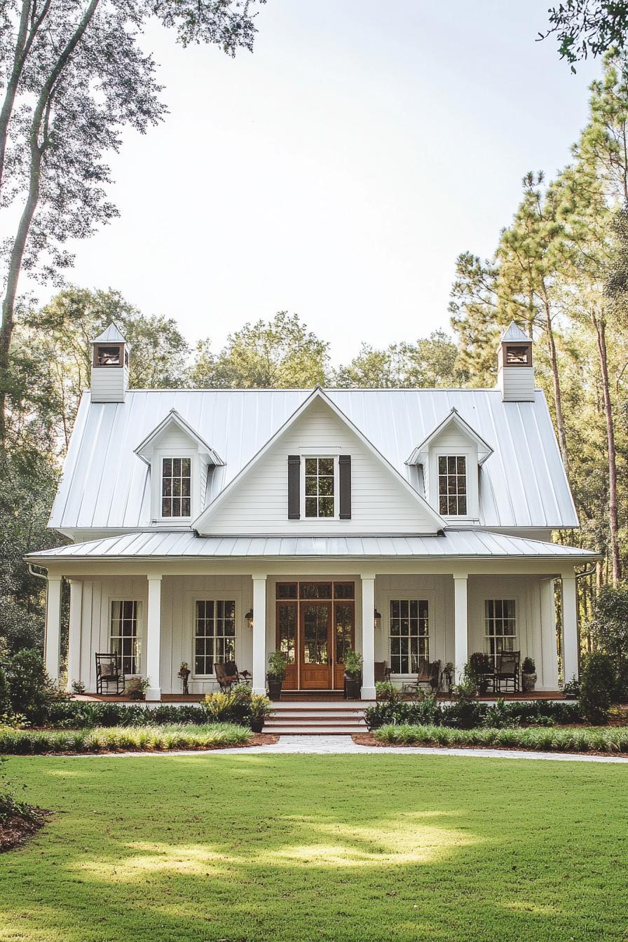 White southern house with a charming porch and lush lawn