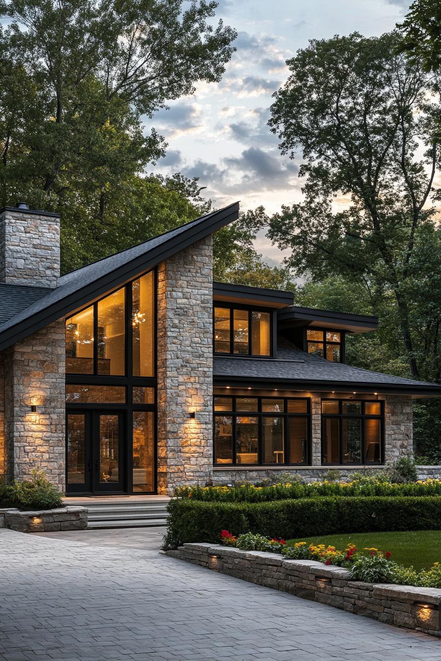 Modern stone cottage with sloped roof and large windows