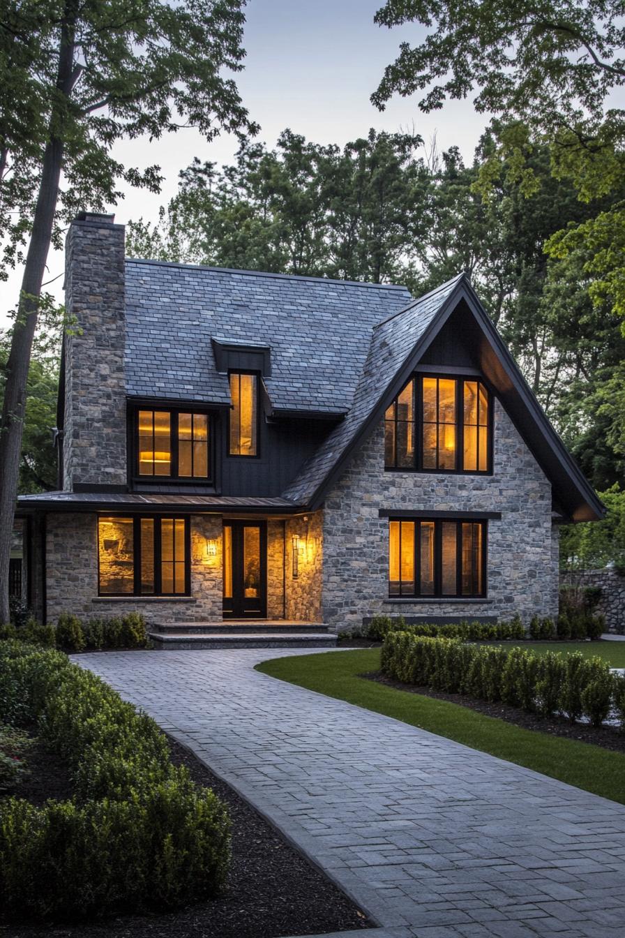 Stone house with glowing windows at dusk