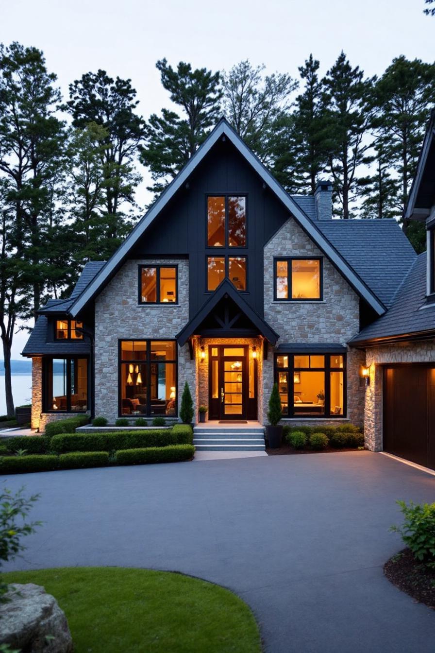 Elegant stone cottage surrounded by trees