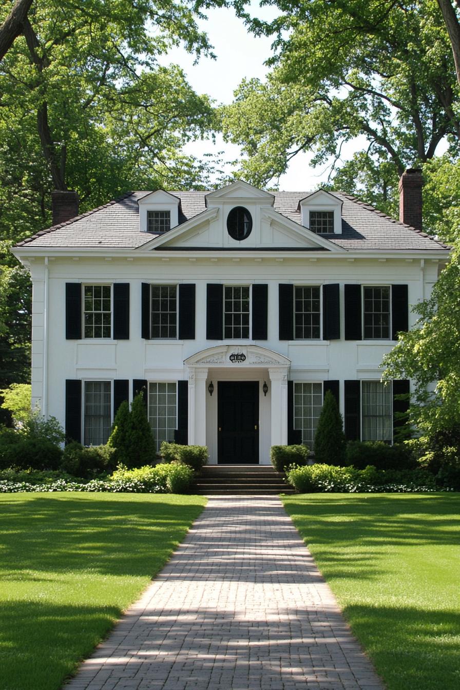 White house with black trim and green lawn