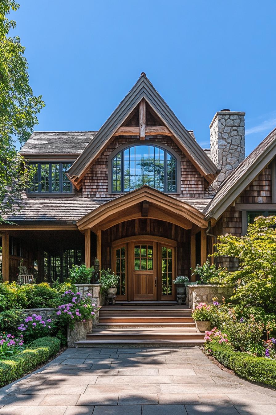 Front view of a craftsman cottage with stone accents and a lush garden