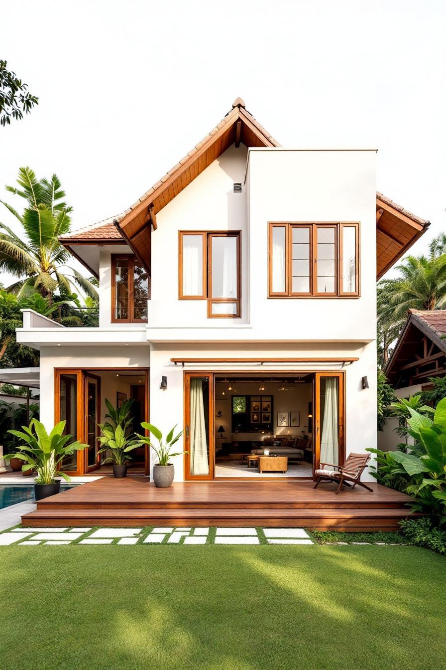 Two-story white Kerala house with wooden accents, surrounded by palm trees