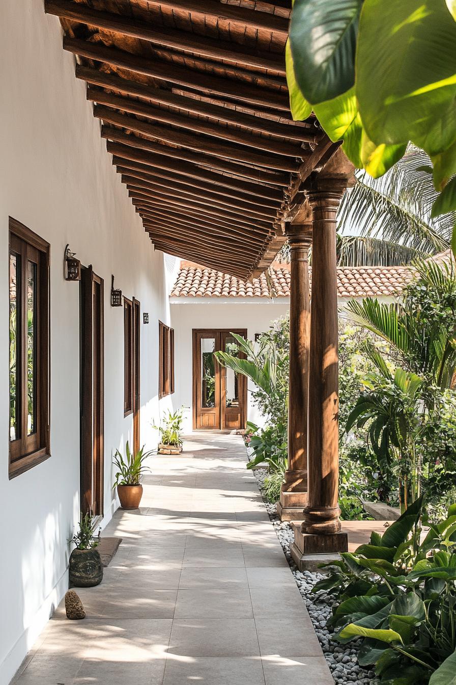 Shaded walkway along a Kerala-style house with lush greenery