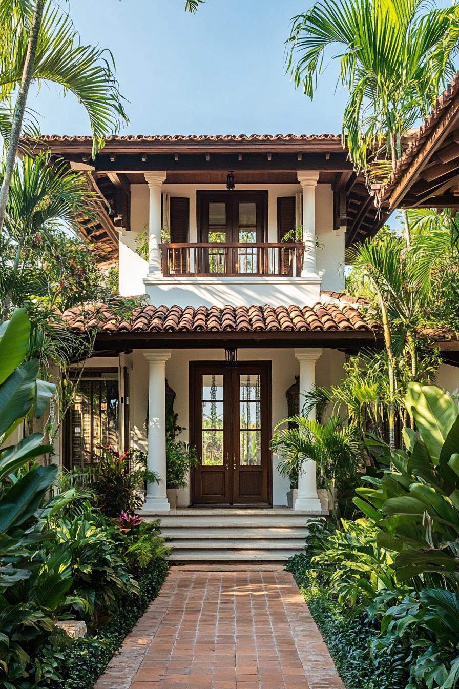 Lush front garden leading to a traditional Kerala house