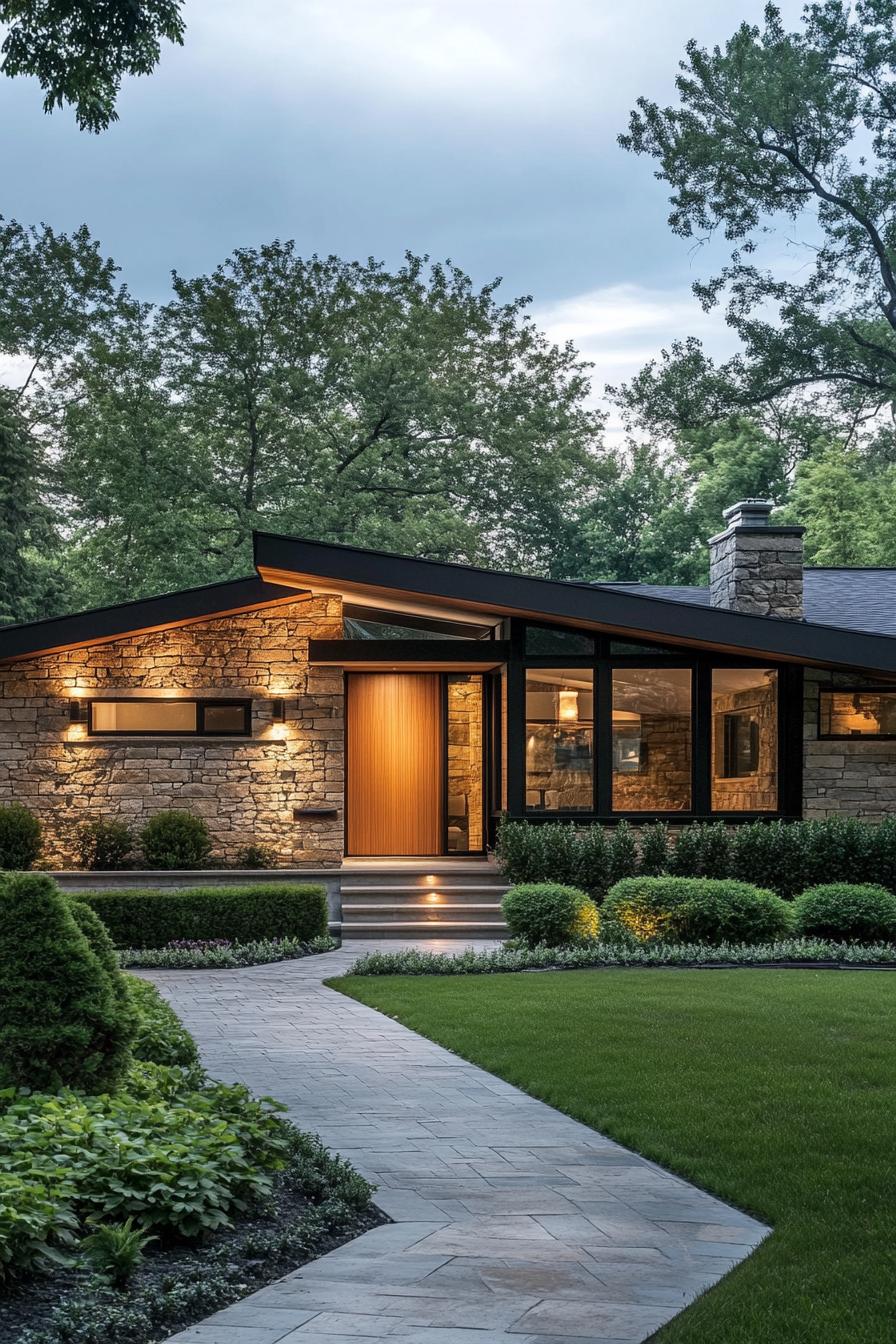 Stone house with lit entrance and lush garden