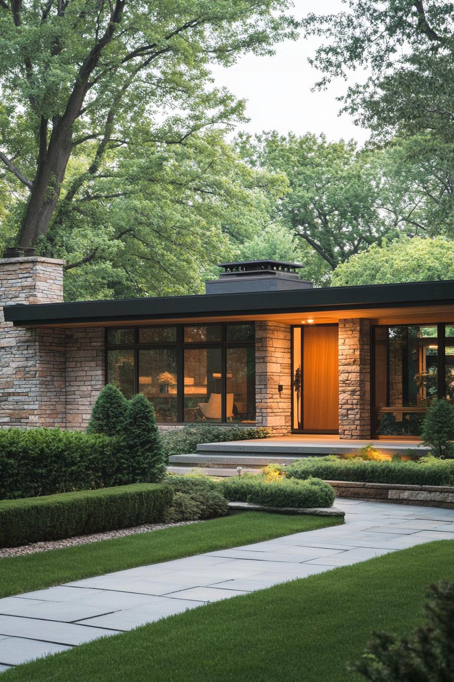 Mid-century modern home with stone facade surrounded by lush trees