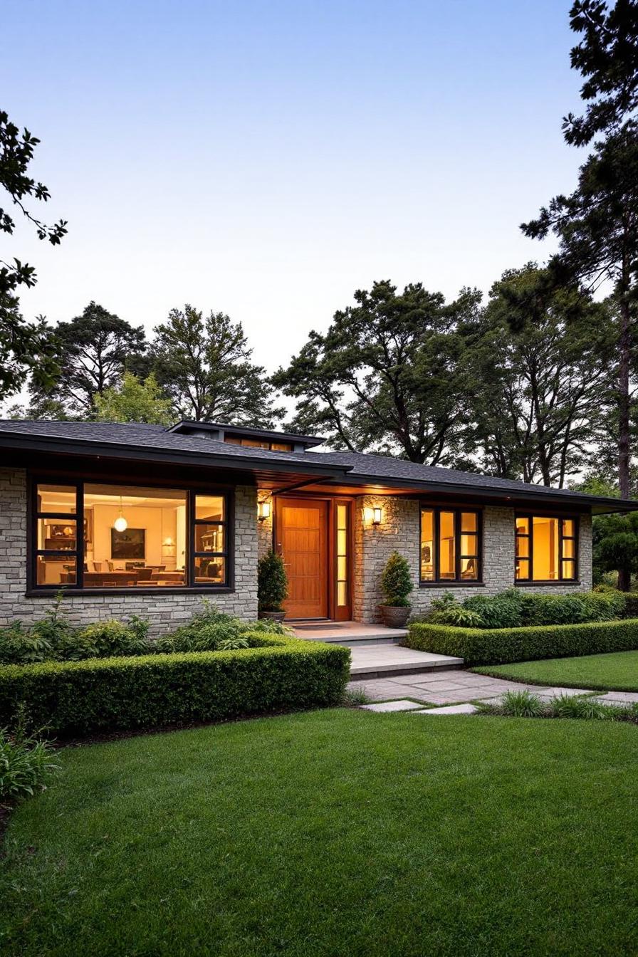 Mid-century house with stone and wood features nestled in lush greenery