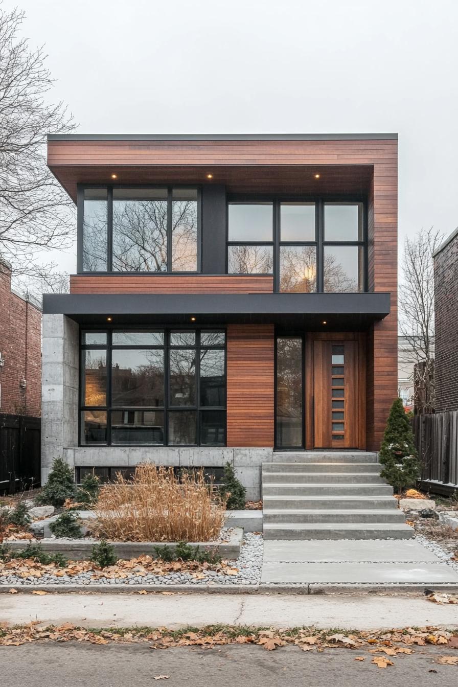 Two-story house with sleek lines and wood paneling