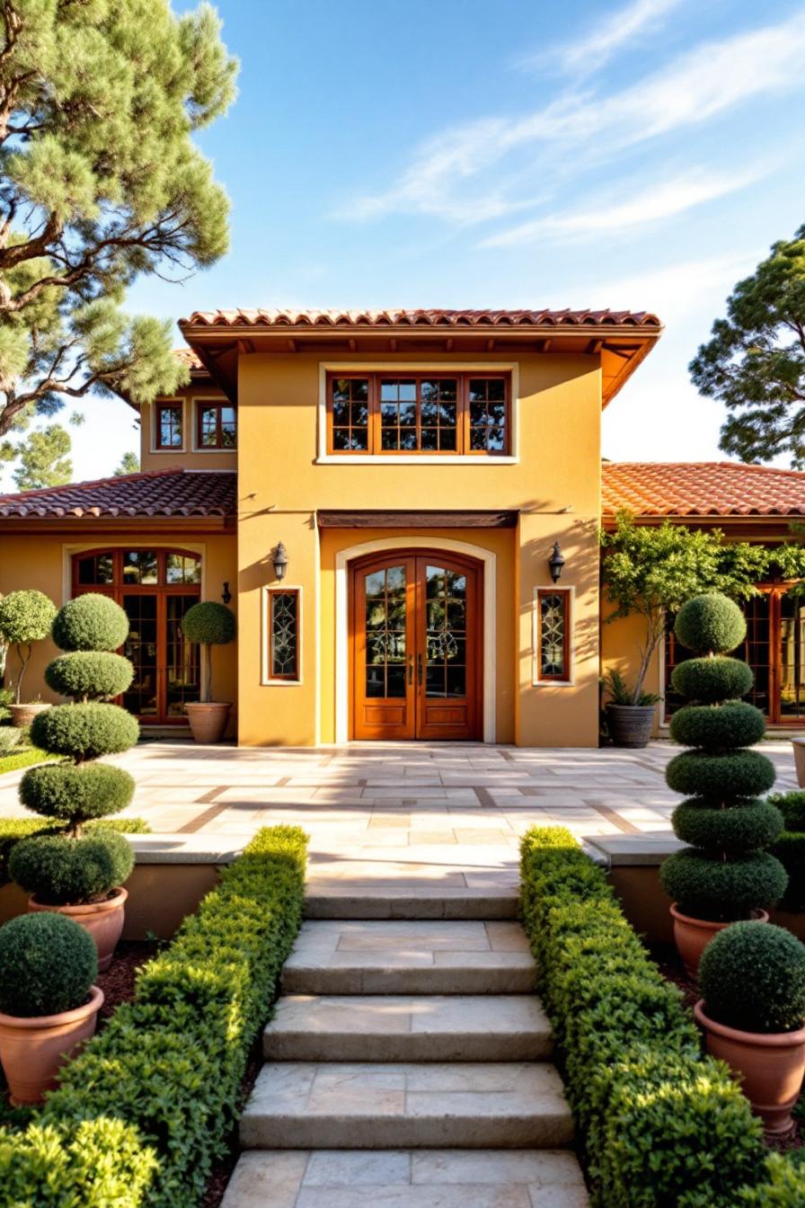 Stylish Italian villa entrance with lush greenery