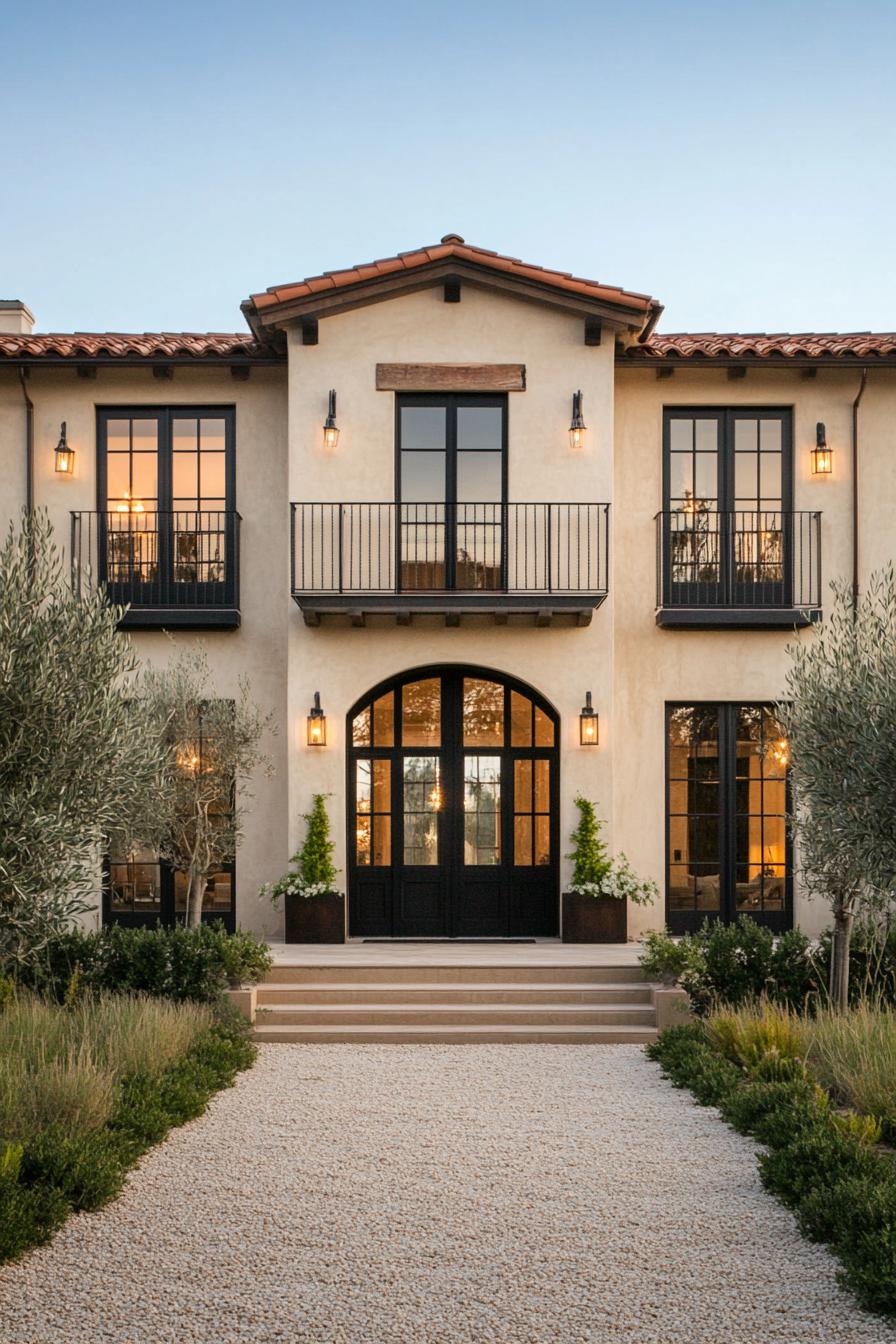 Modern villa with black accents and lush landscaping