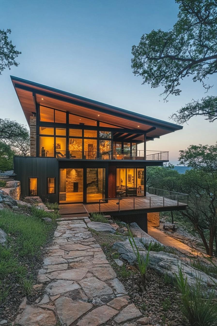 Modern house with large windows and slanted roof