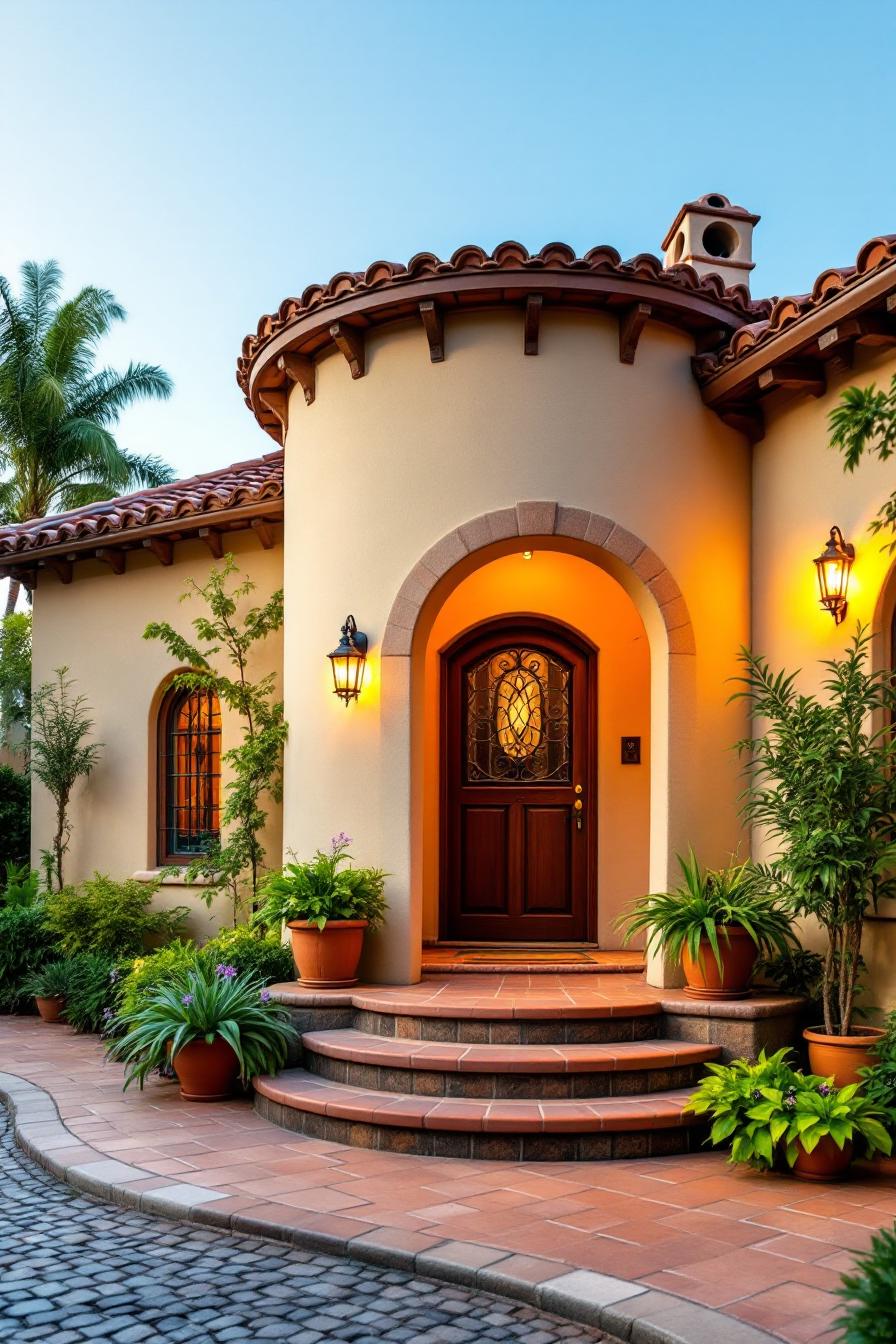 Warm lights adorn a cozy Spanish cottage entrance