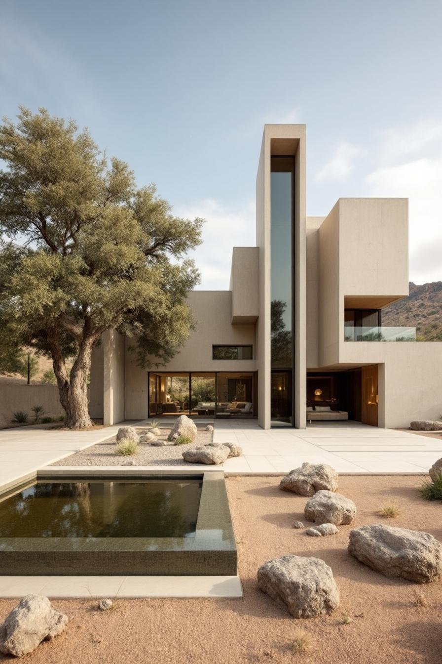 Modern cubic house with a reflecting pool and desert landscaping