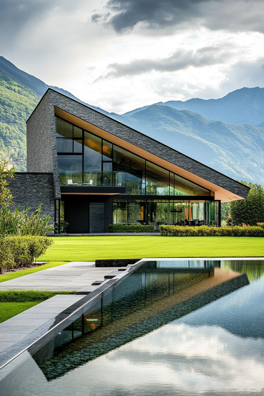 Modern house with sloped roof and glass façade by a tranquil pool