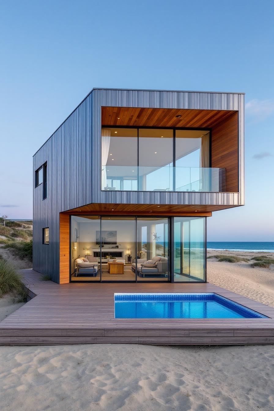 Modern beachfront house with pool and large glass windows