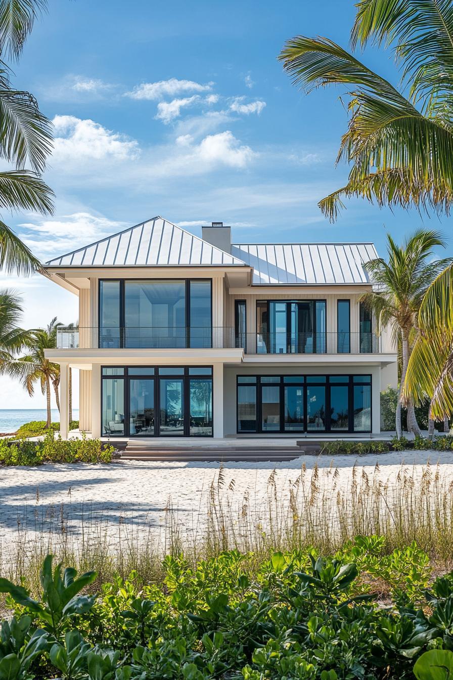 Two-story modern beachfront house framed by palm trees