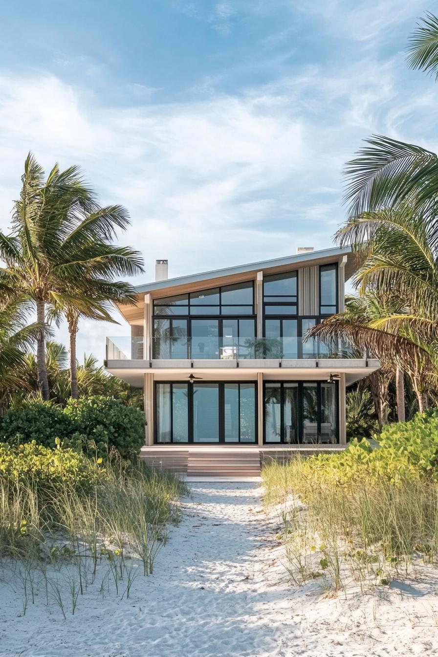 Modern beach house surrounded by palm trees