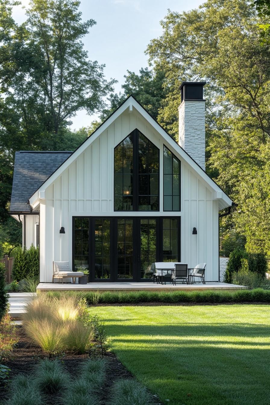 tiny cottage elongated rectangular two story facade vertical white wood siding large modern windows gabled roof with a prominent chimney glass 1