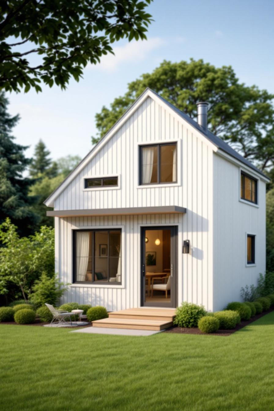 Tiny white cottage with large windows and a welcoming porch