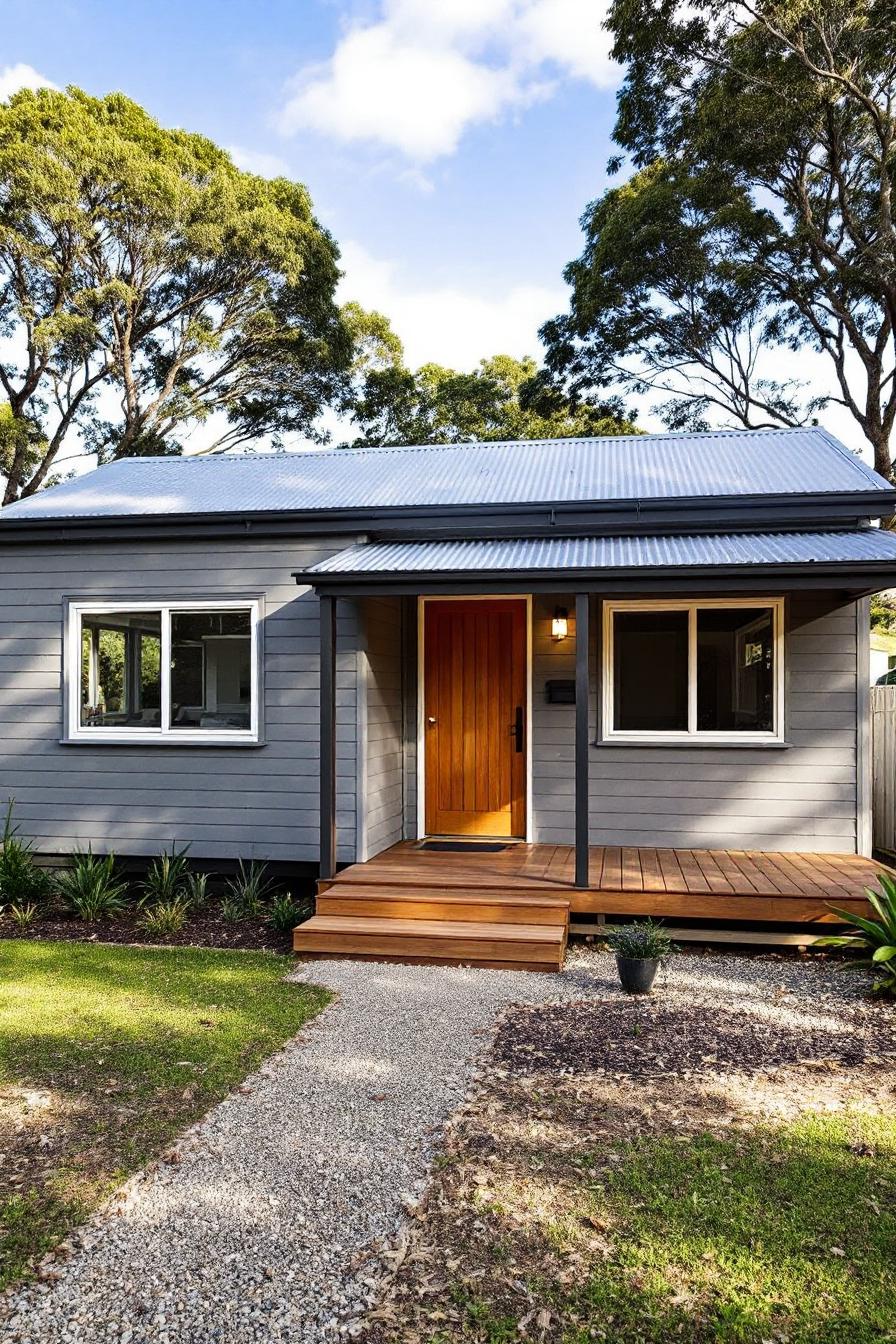 Australian cottage with gray exterior and wooden accents