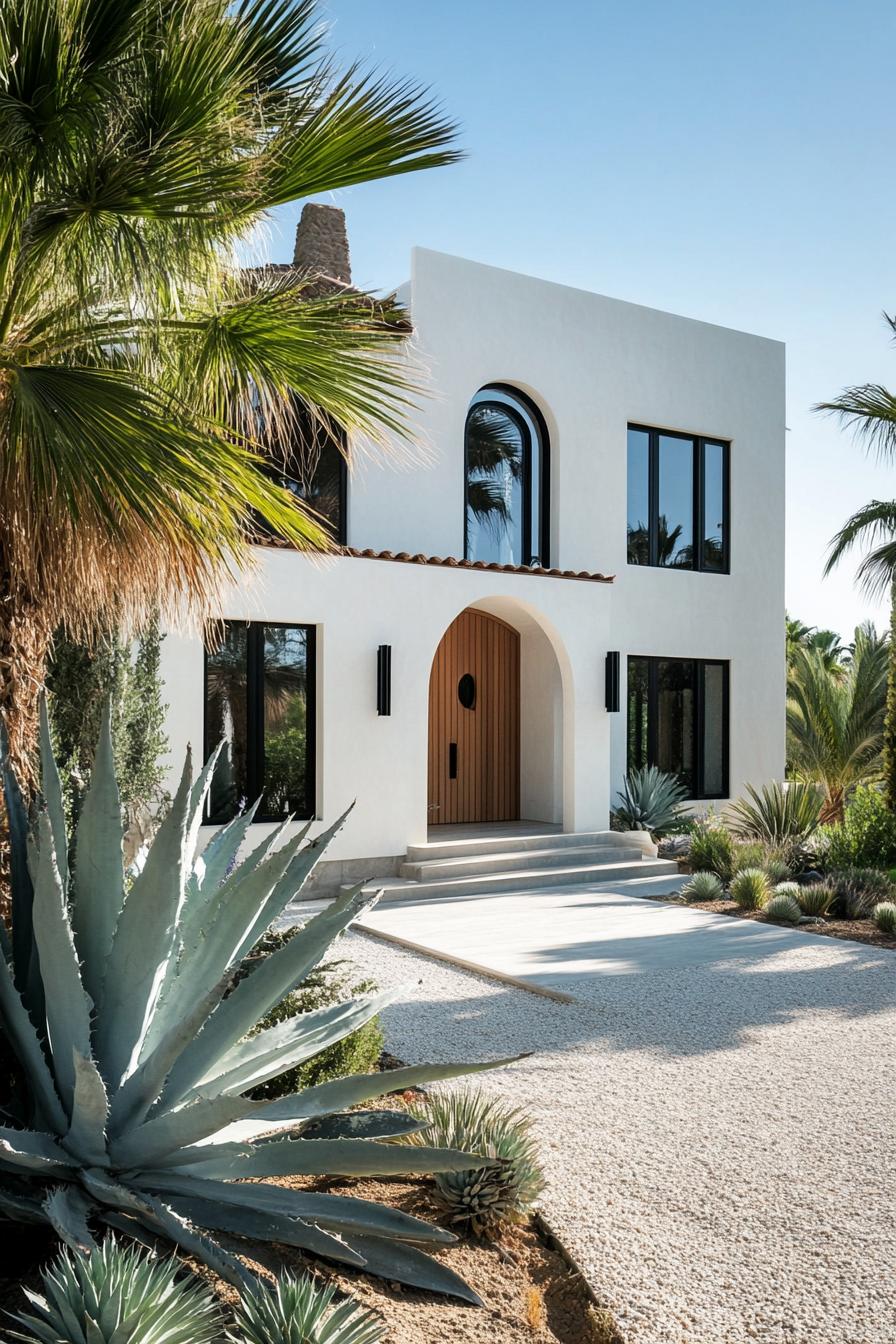 Modern Mediterranean house with palm trees and agave plants