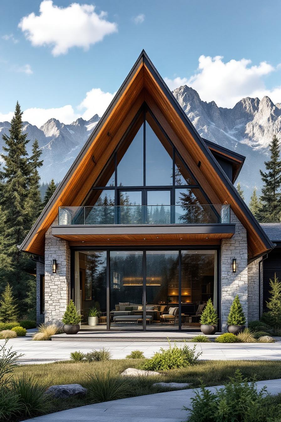 Modern A-frame house with large windows and mountain backdrop