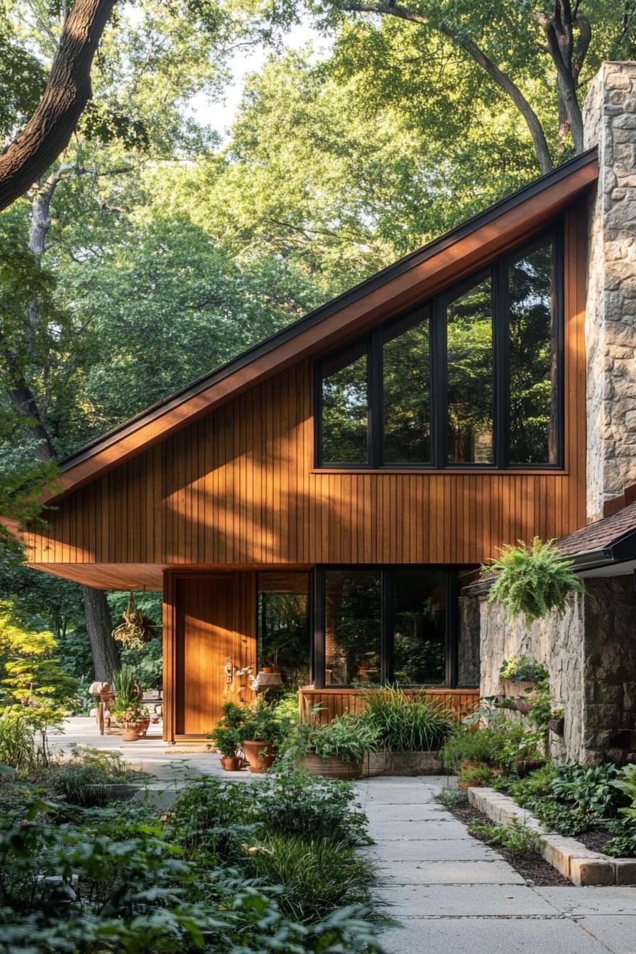 Wooden cottage with large windows and a sloping roof