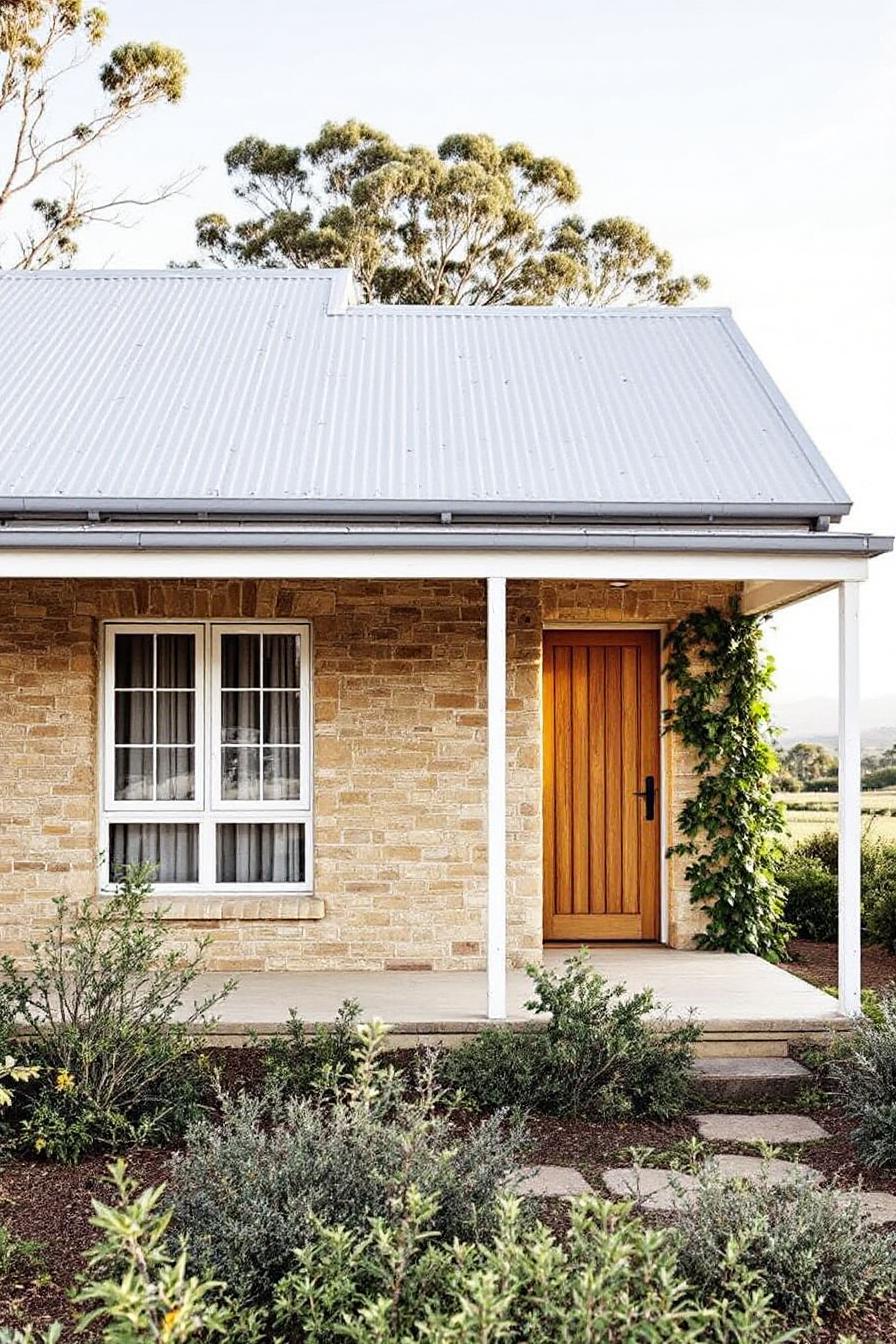 Cozy brick cottage with a wooden door and garden path