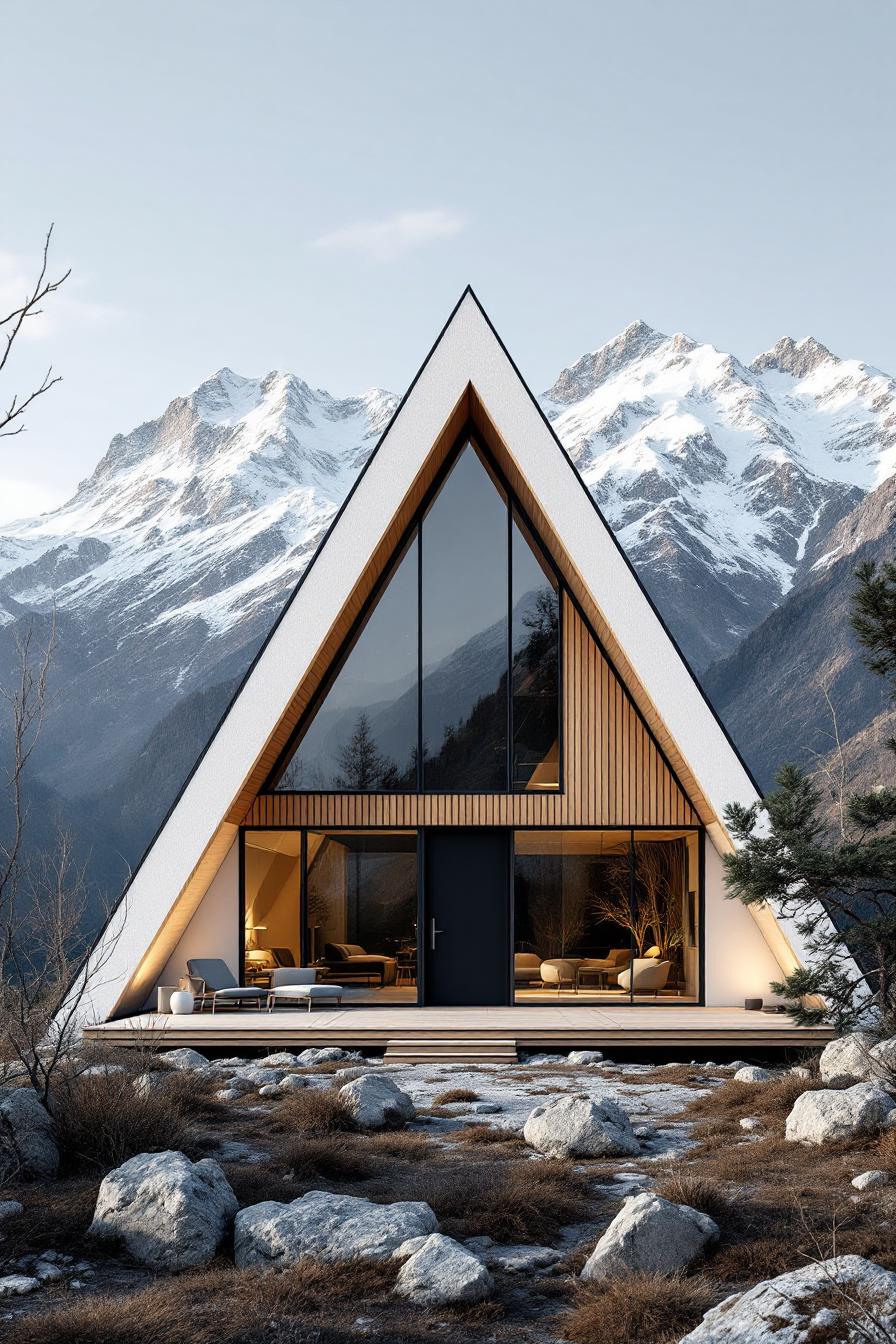 A modern A-frame cabin with mountains in the background