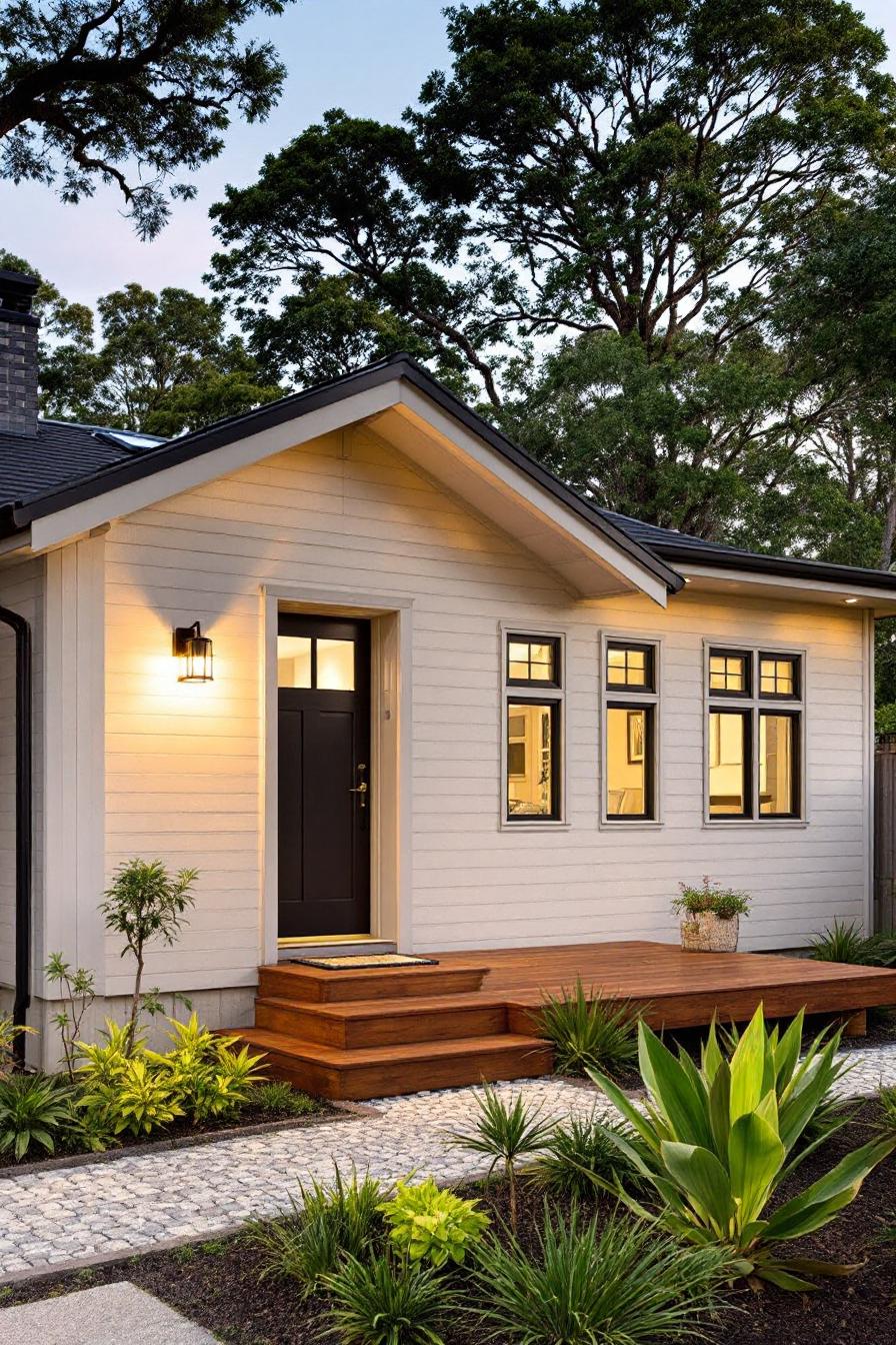 Charming white cottage with a cozy front porch