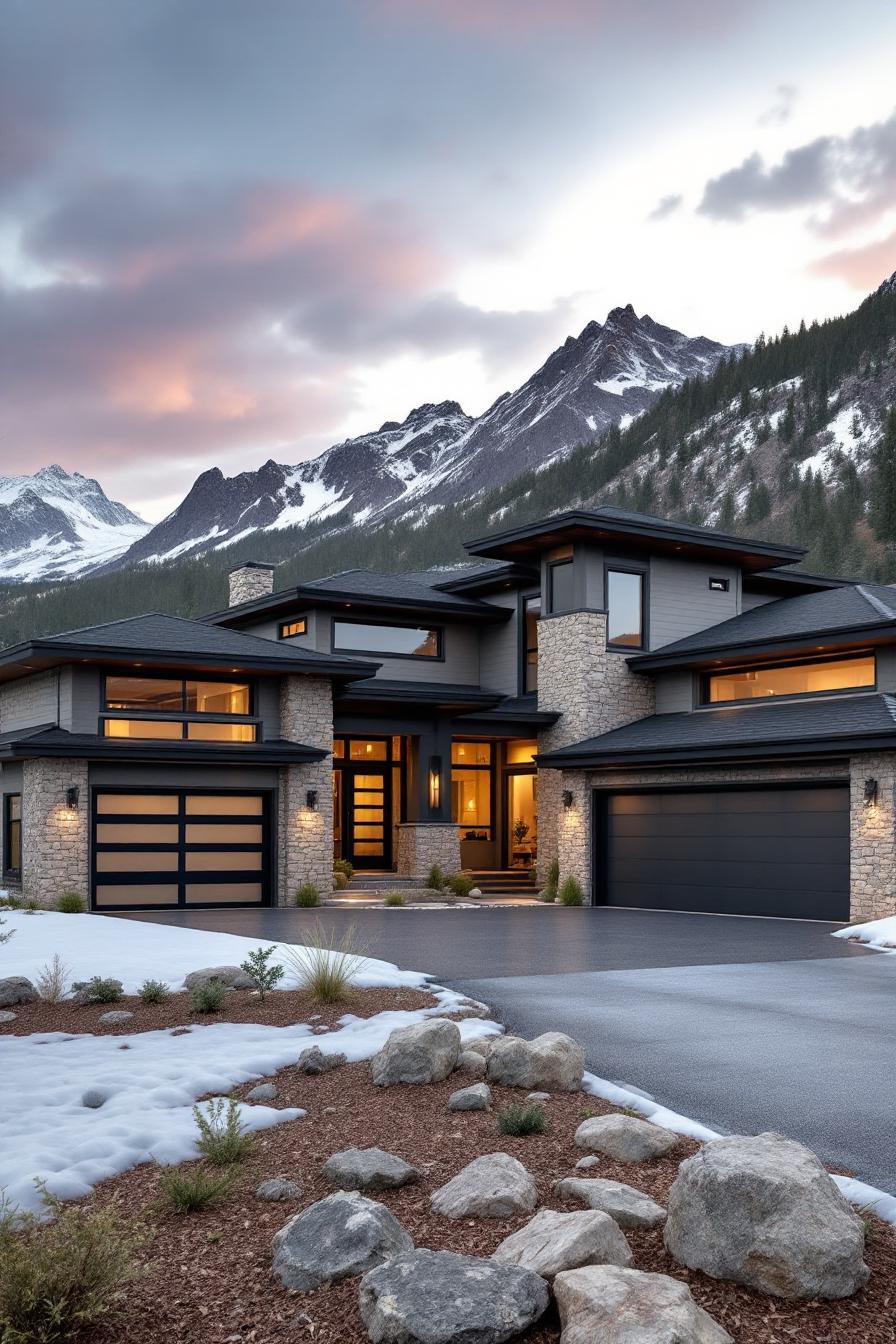 Contemporary home in the mountains with stone and large windows